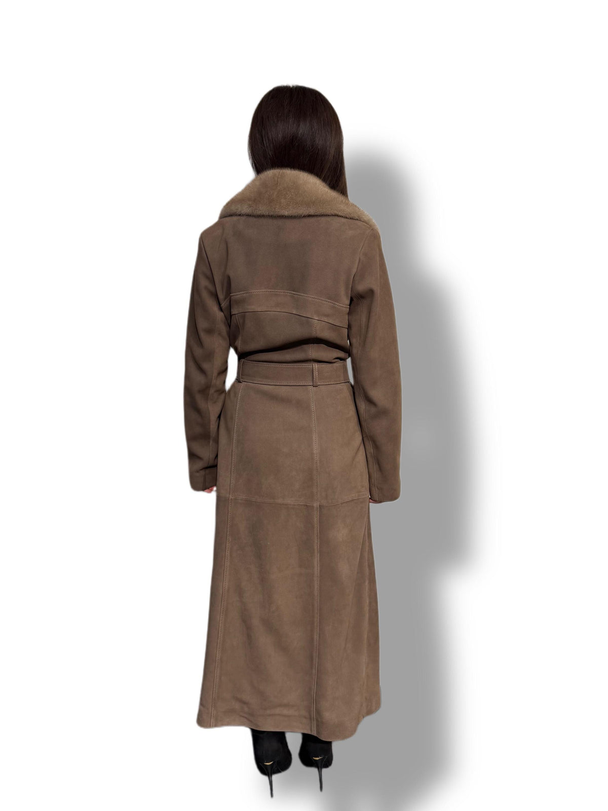 Whisky Brown Suede Trench Coat with Mink Fur Collar, Long Women Sheepskin Coat