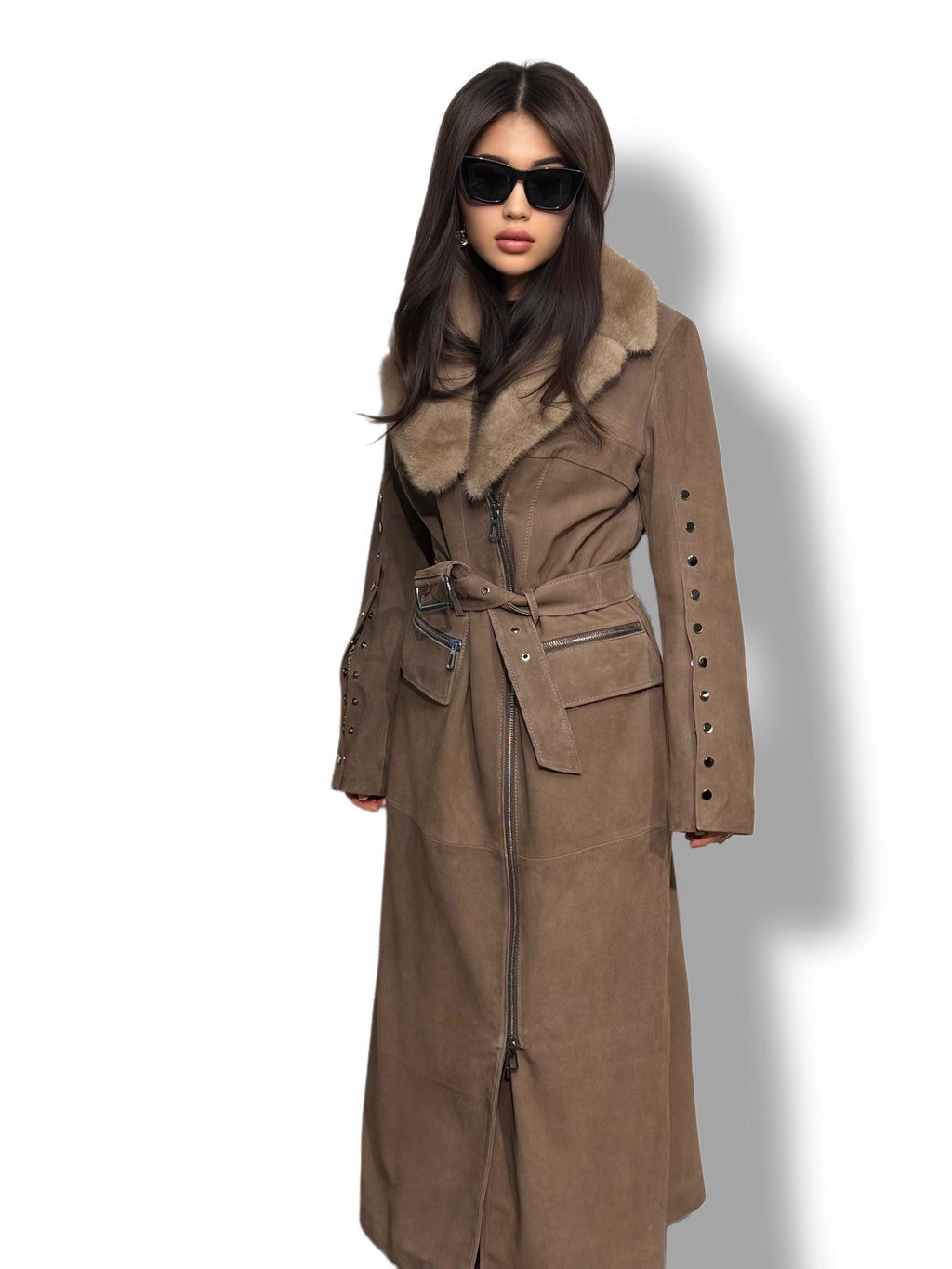Whisky Brown Suede Trench Coat with Mink Fur Collar, Long Women Sheepskin Coat
