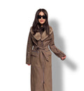 Whisky Brown Suede Trench Coat with Mink Fur Collar, Long Women Sheepskin Coat