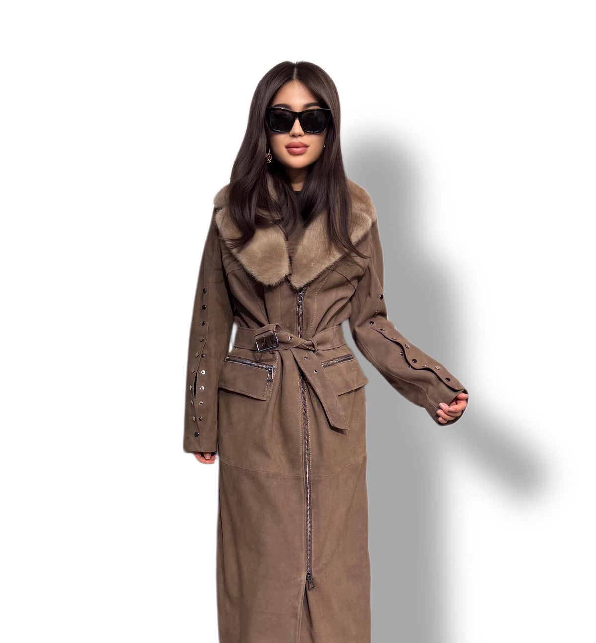 Whisky Brown Suede Trench Coat with Mink Fur Collar, Long Women Sheepskin Coat