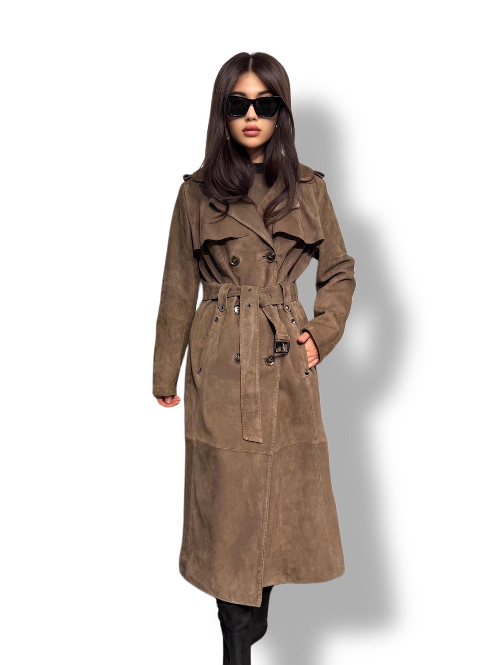 Whisky Brown Suede Trench Coat: Limited Edition Luxury Long Coat For Women