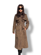 Whisky Brown Suede Trench Coat: Limited Edition Luxury Long Coat For Women