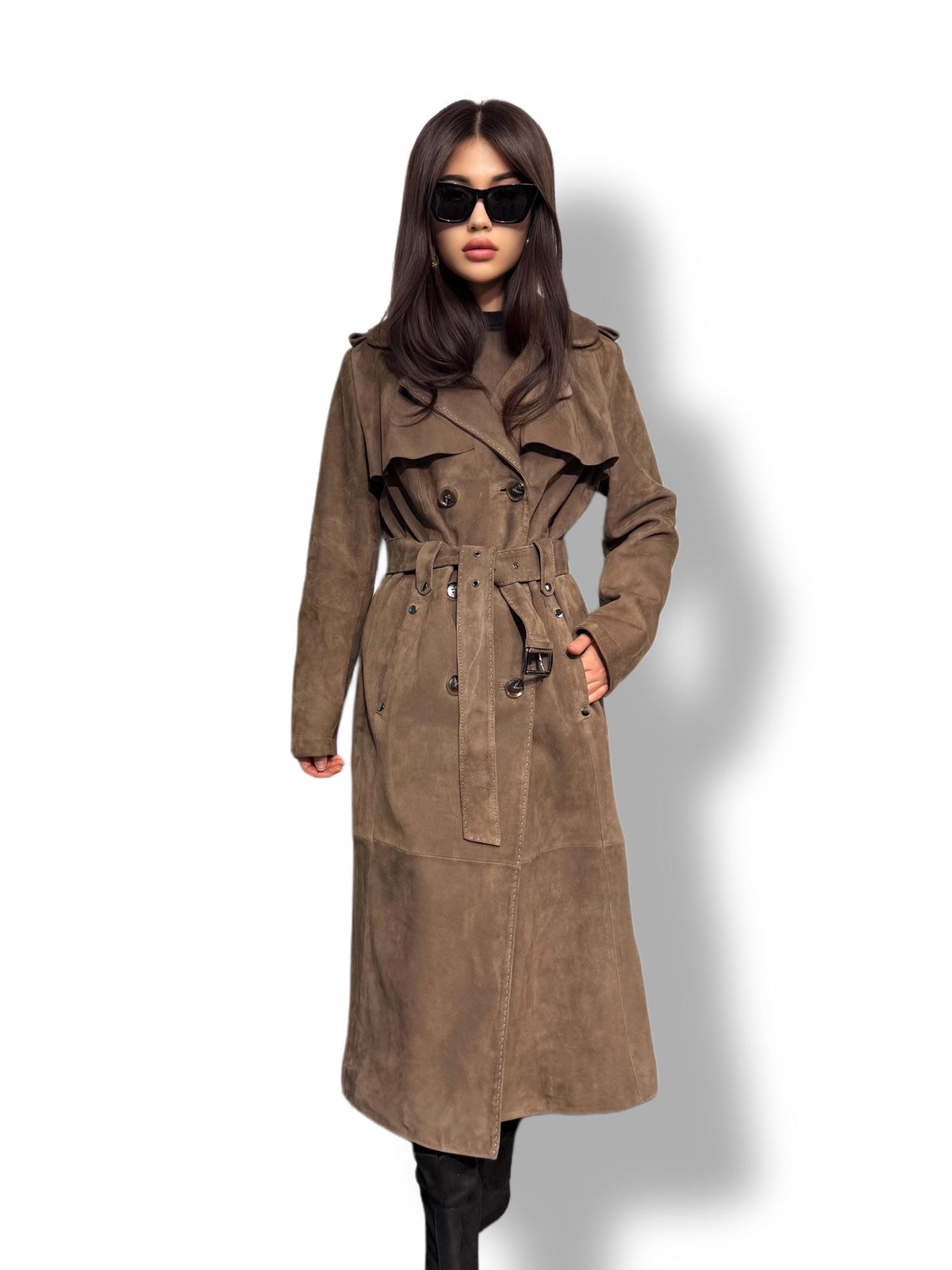 Whisky Brown Suede Trench Coat: Limited Edition Luxury Long Coat For Women
