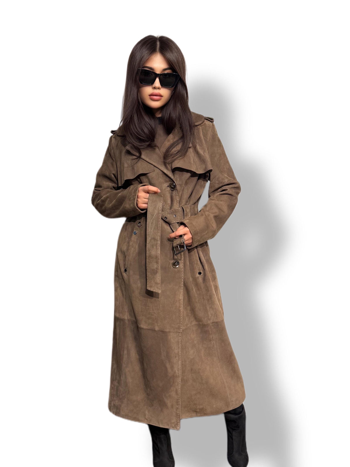 Whisky Brown Suede Trench Coat: Limited Edition Luxury Long Coat For Women