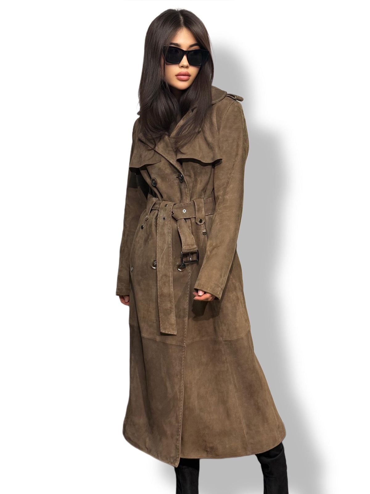 Whisky Brown Suede Trench Coat: Limited Edition Luxury Long Coat For Women