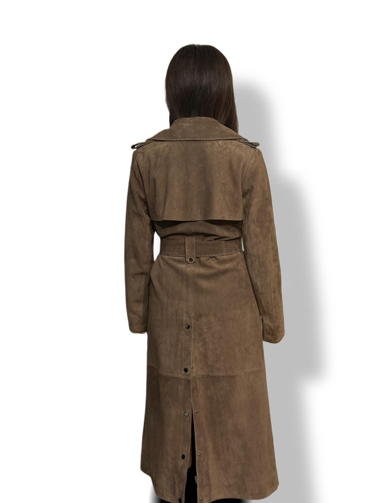 Whisky Brown Suede Trench Coat: Limited Edition Luxury Long Coat For Women