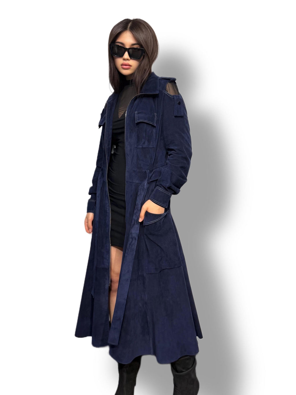 Blue Suede Trench Coat: Handmade Women's Long Coat