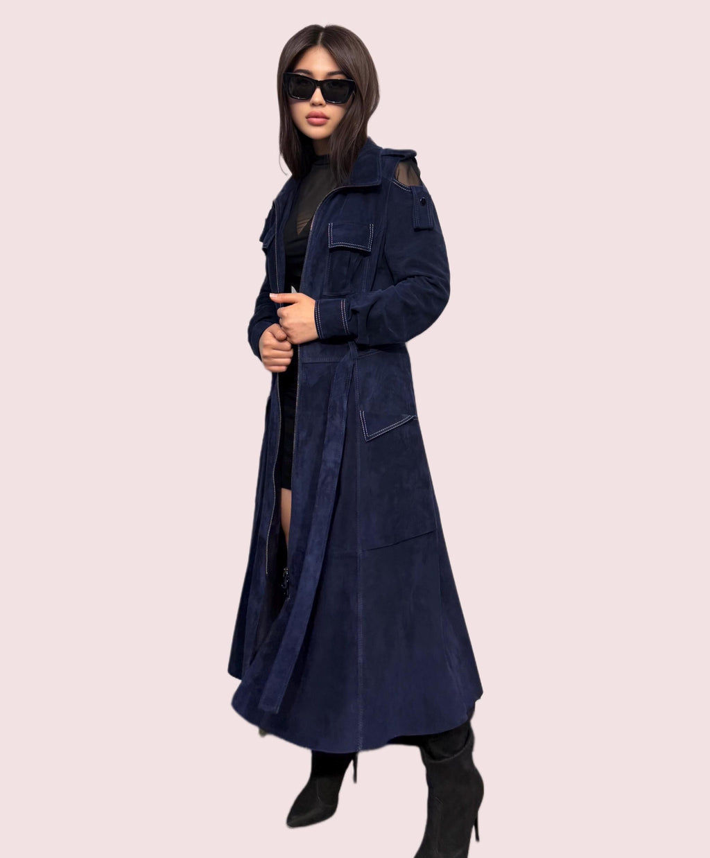 Blue Suede Trench Coat: Handmade Women's Long Coat