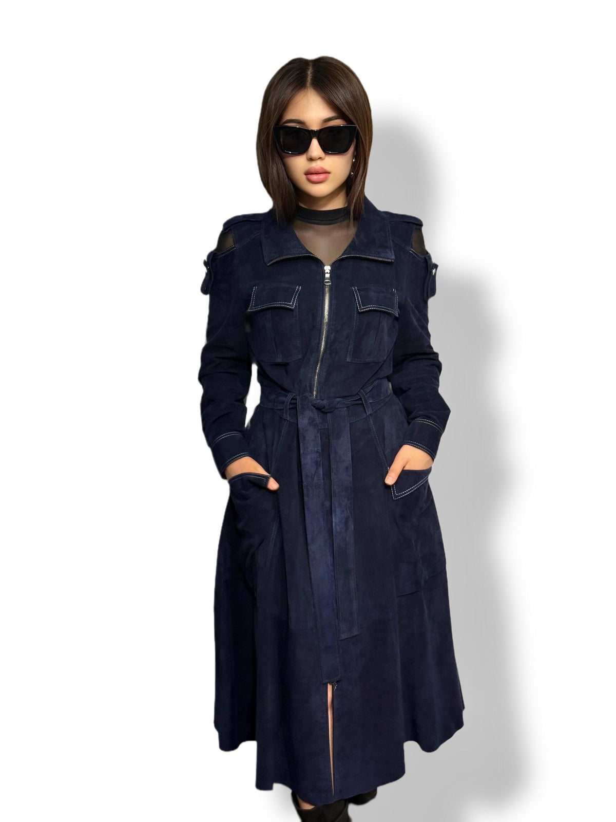 Blue Suede Trench Coat: Handmade Women's Long Coat