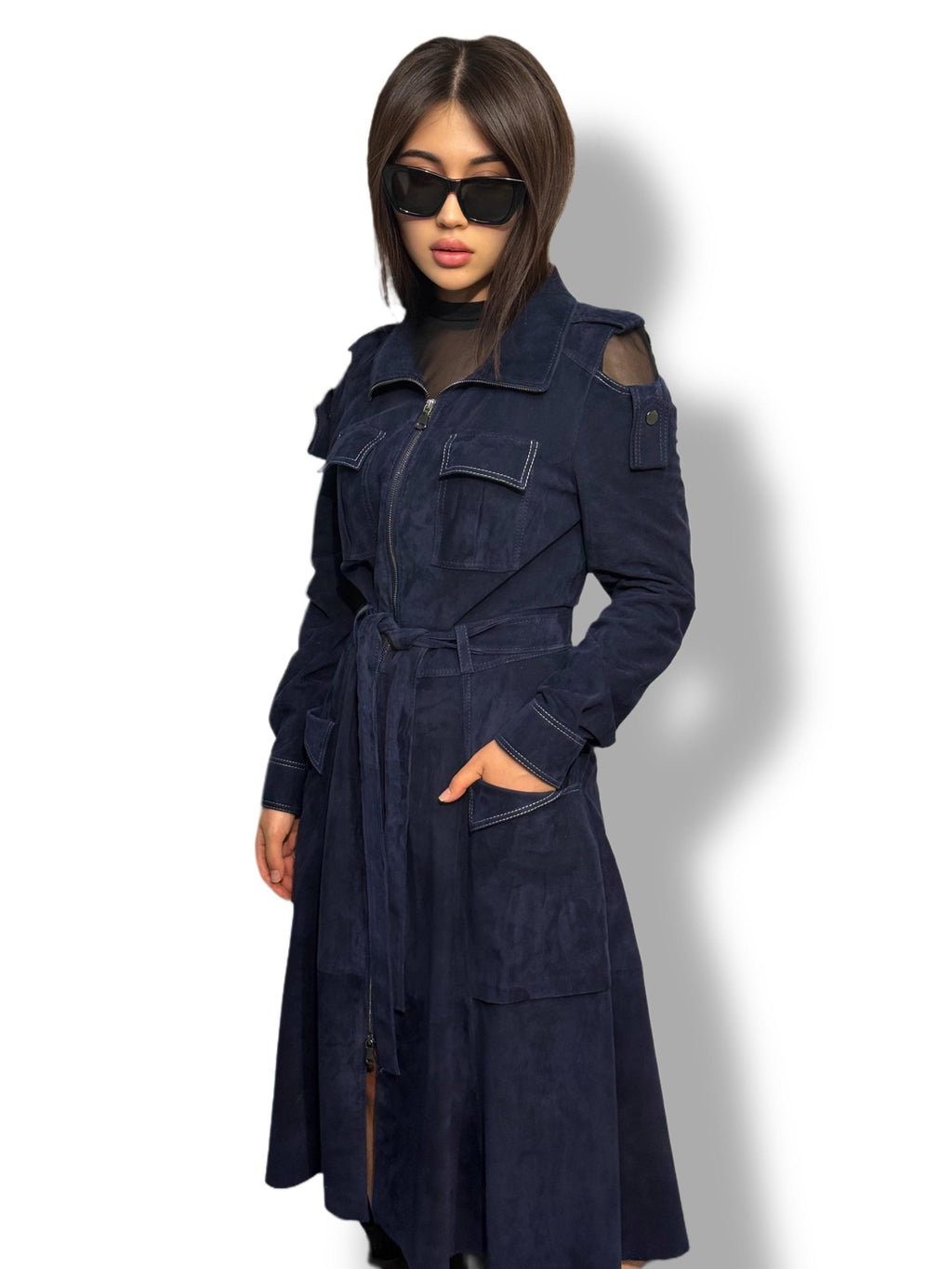 Blue Suede Trench Coat: Handmade Women's Long Coat