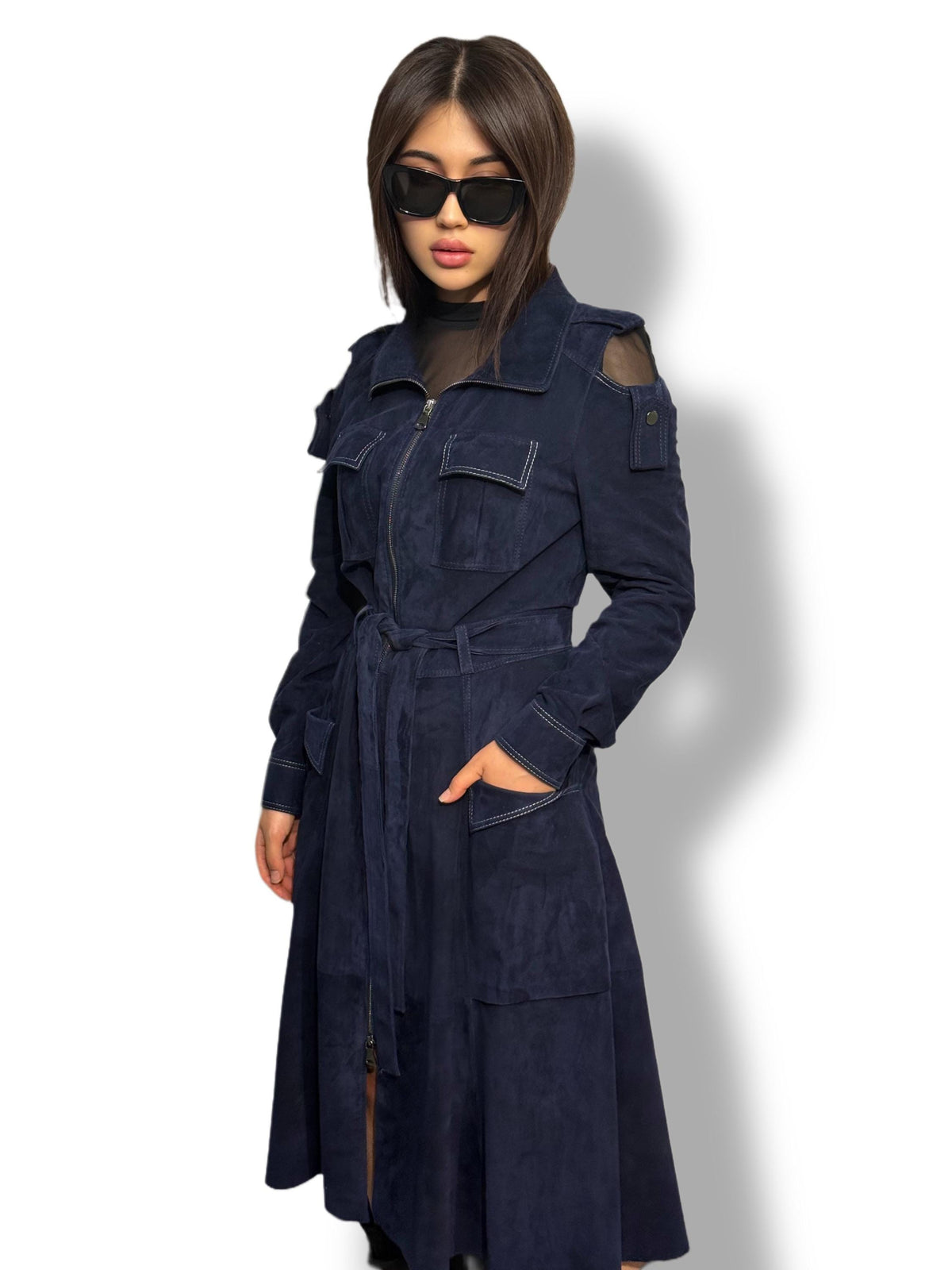 Blue Suede Trench Coat: Handmade Women's Long Coat