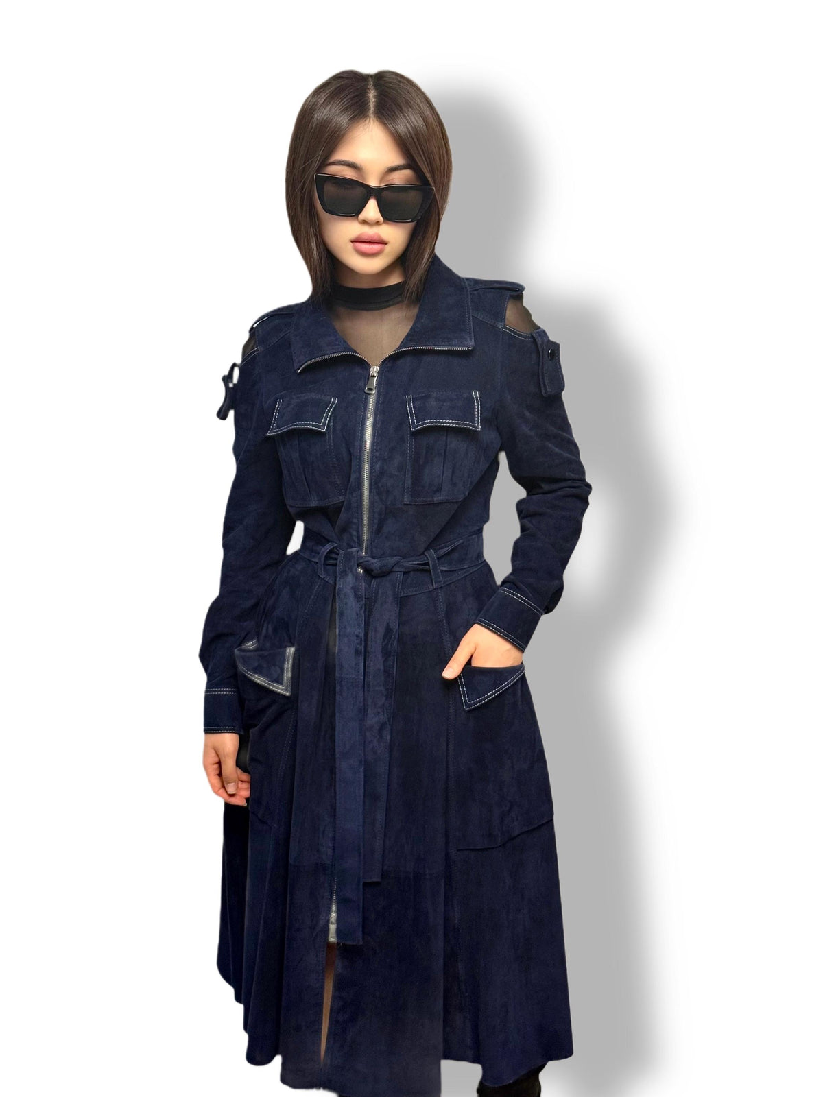 Blue Suede Trench Coat: Handmade Women's Long Coat