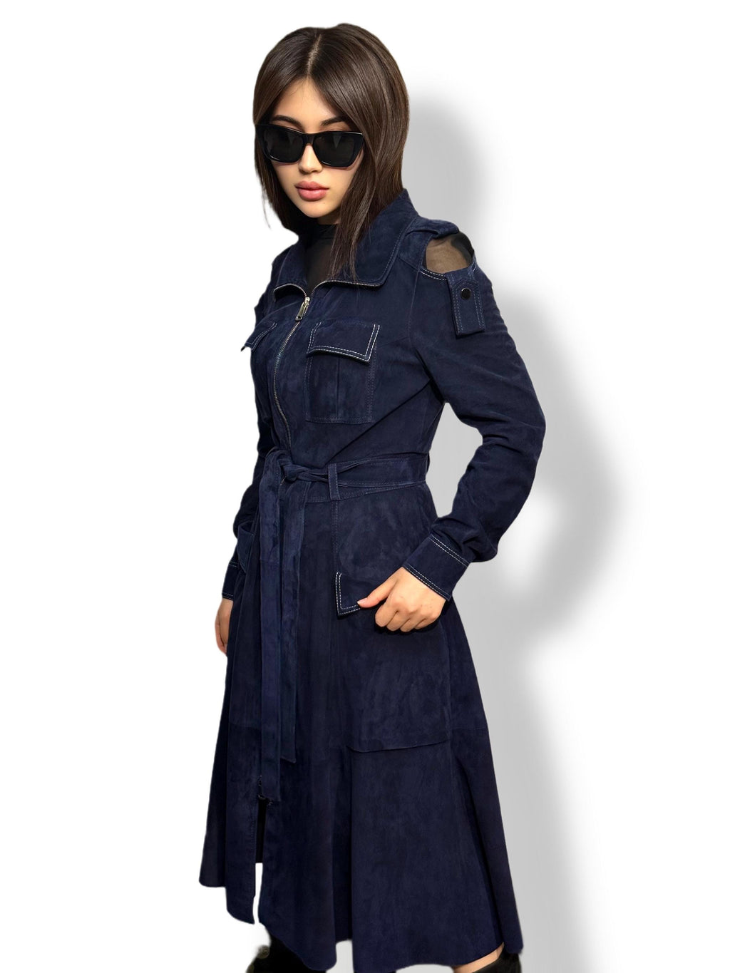 Blue Suede Trench Coat: Handmade Women's Long Coat