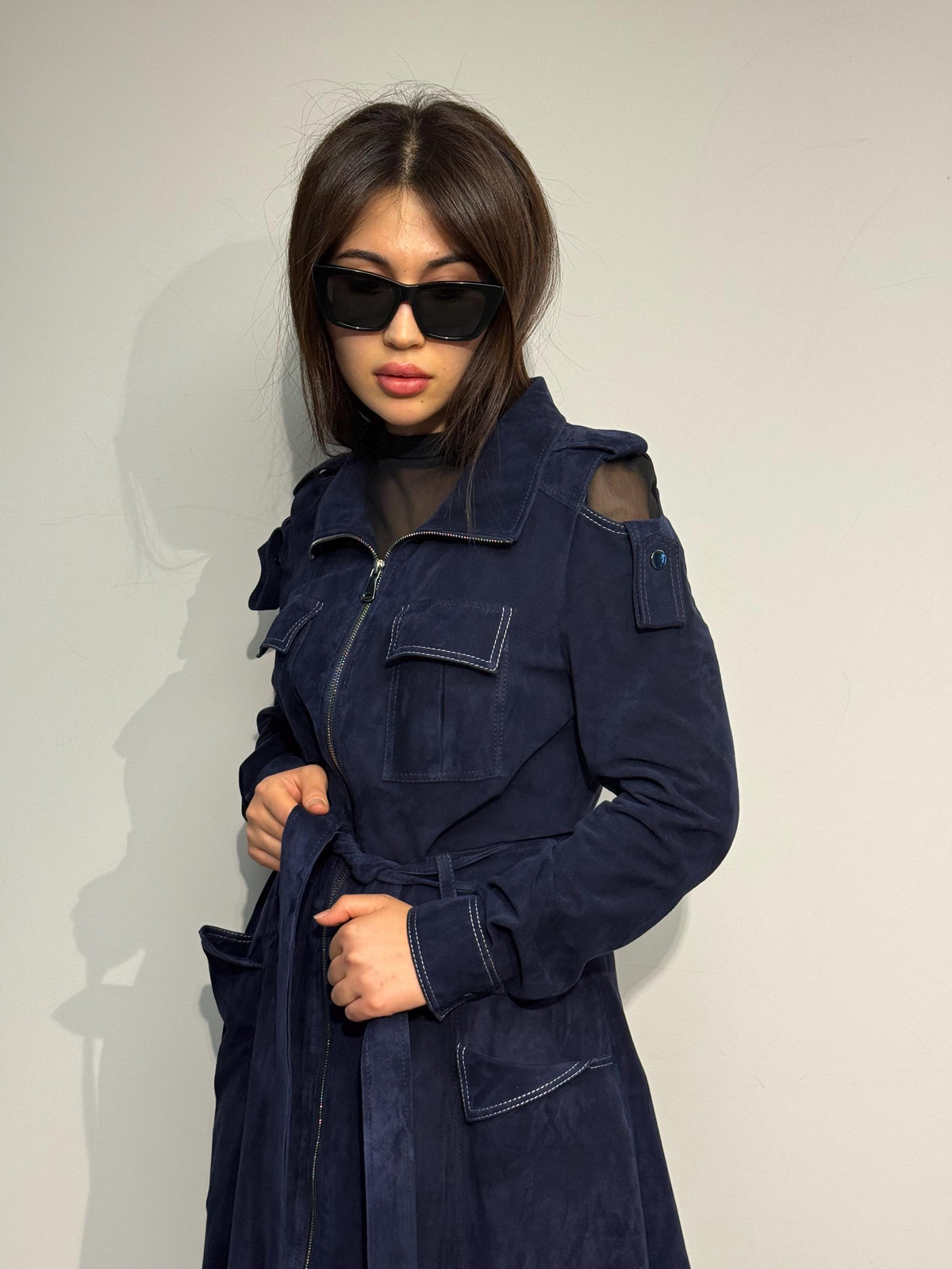 Blue Suede Trench Coat: Handmade Women's Long Coat