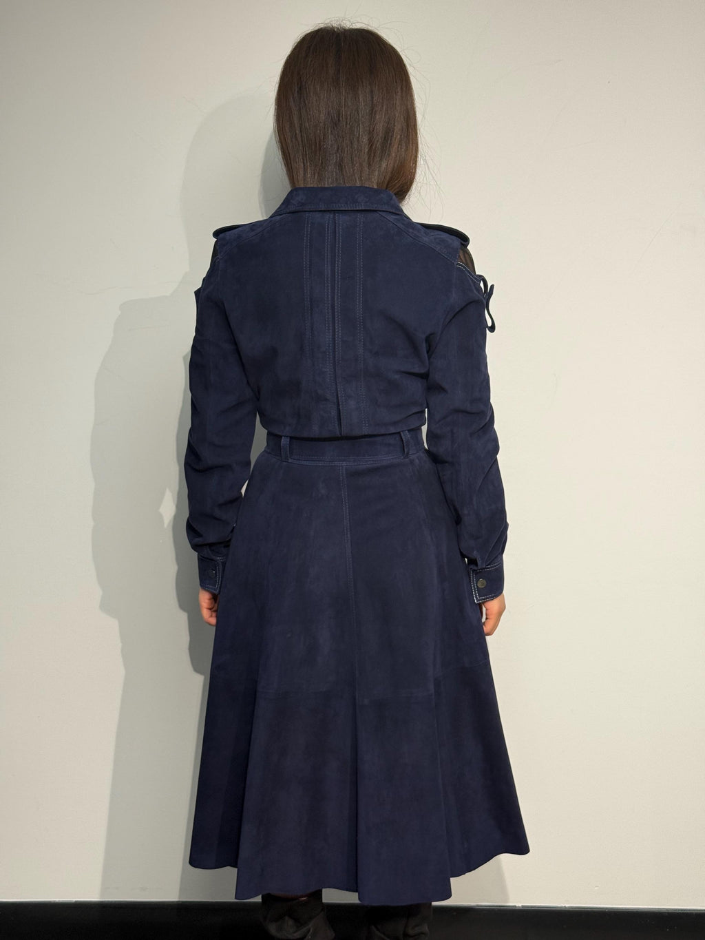 Blue Suede Trench Coat: Handmade Women's Long Coat