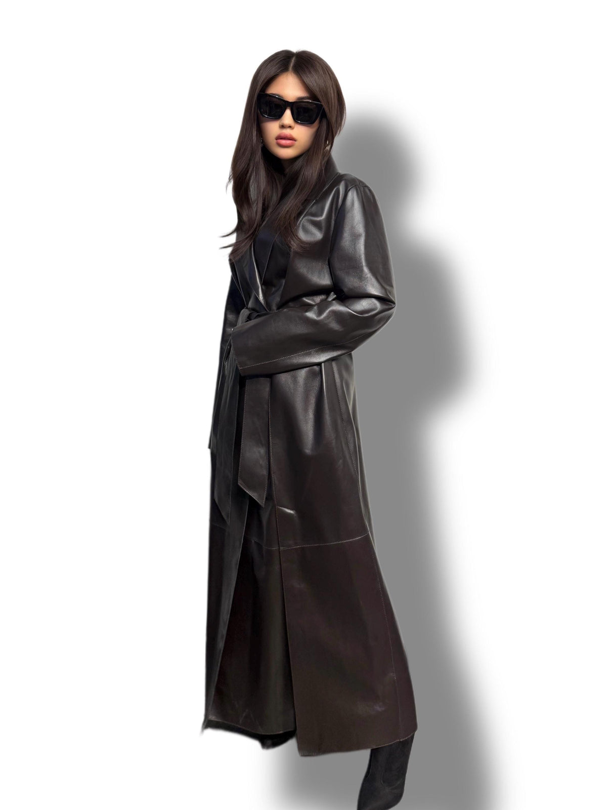Dark Brown Leather Trench Coat: Elegant Women's Plus Size Sheepskin Coat For Women