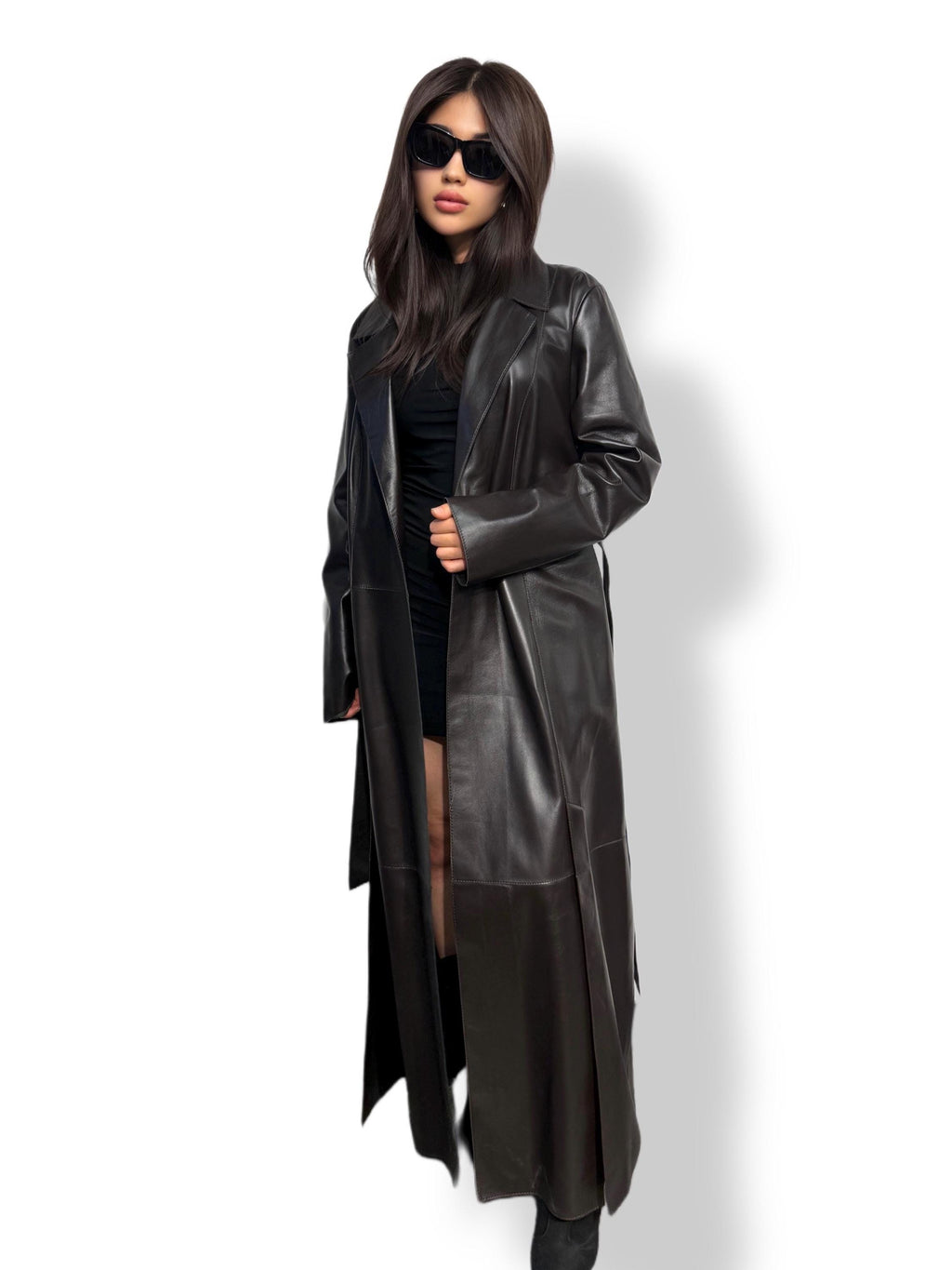 Dark Brown Leather Trench Coat: Elegant Women's Plus Size Sheepskin Coat For Women