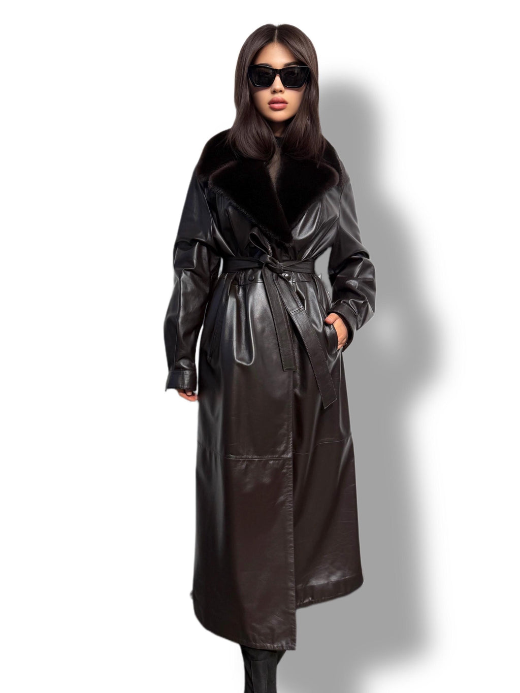Handmade Brown Leather Trench Coat: Mink Fur Collar, Belted Long Overcoat