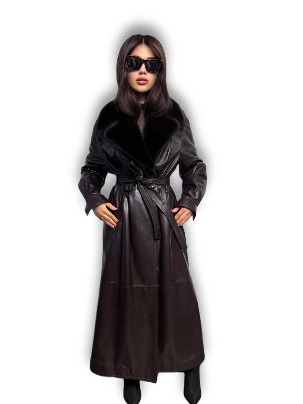 Handmade Brown Leather Trench Coat: Mink Fur Collar, Belted Long Overcoat
