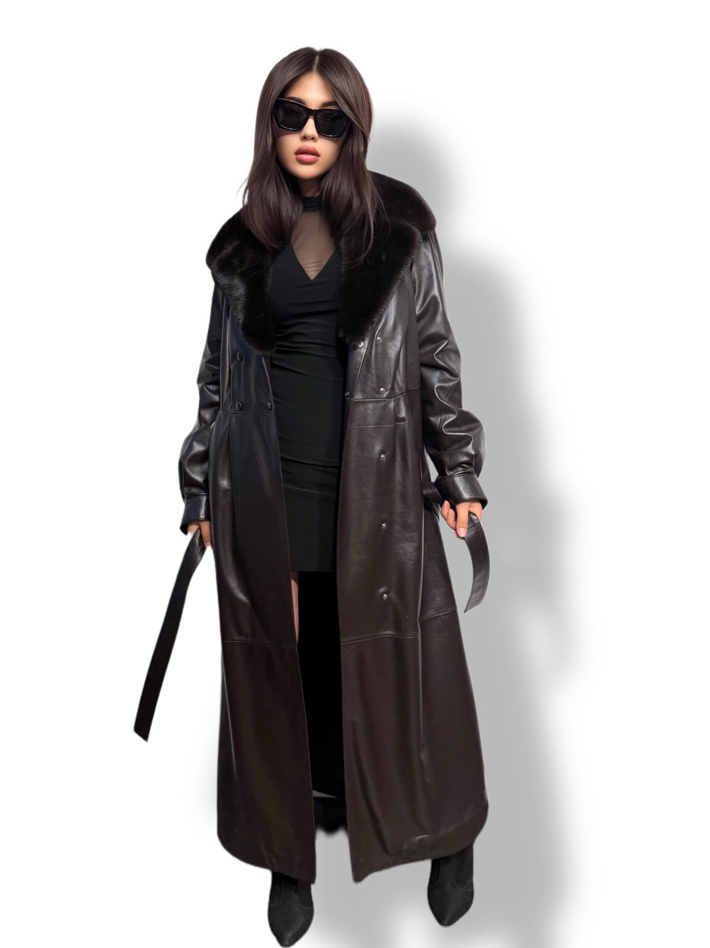 Handmade Brown Leather Trench Coat: Mink Fur Collar, Belted Long Overcoat
