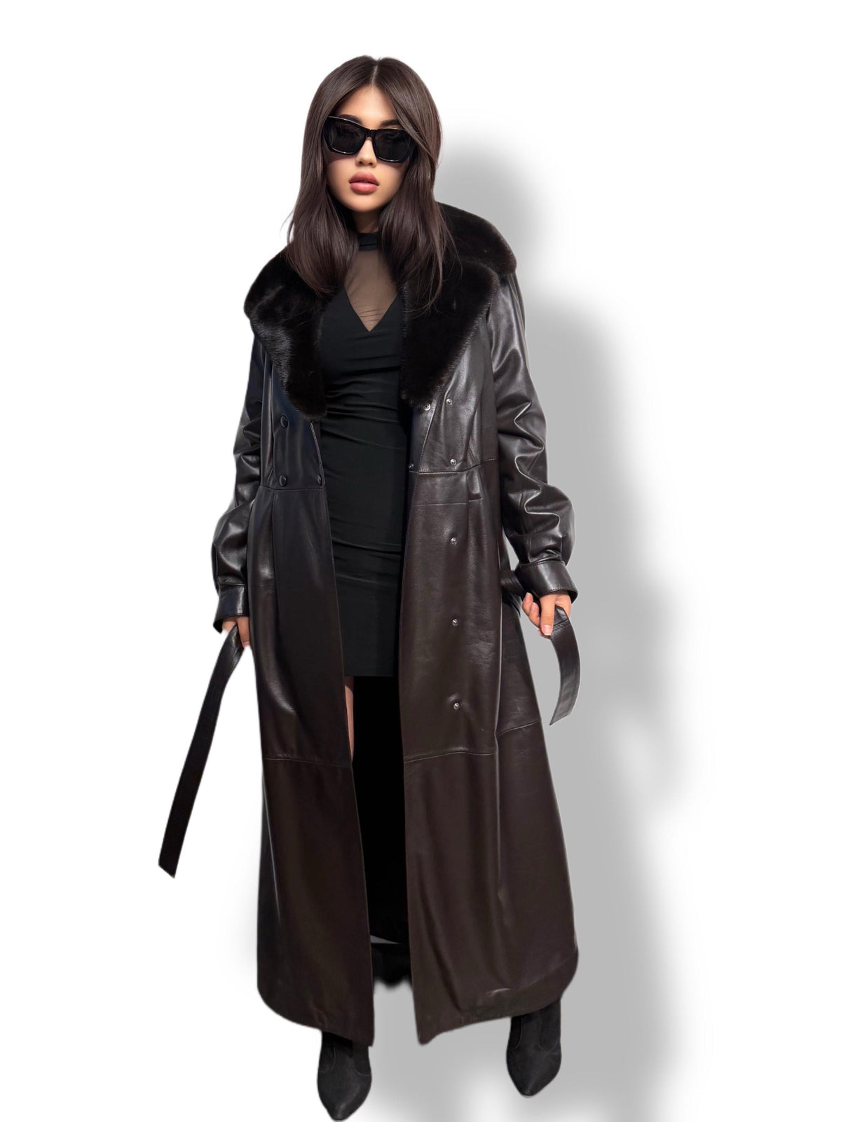 Handmade Brown Leather Trench Coat: Mink Fur Collar, Belted Long Overcoat