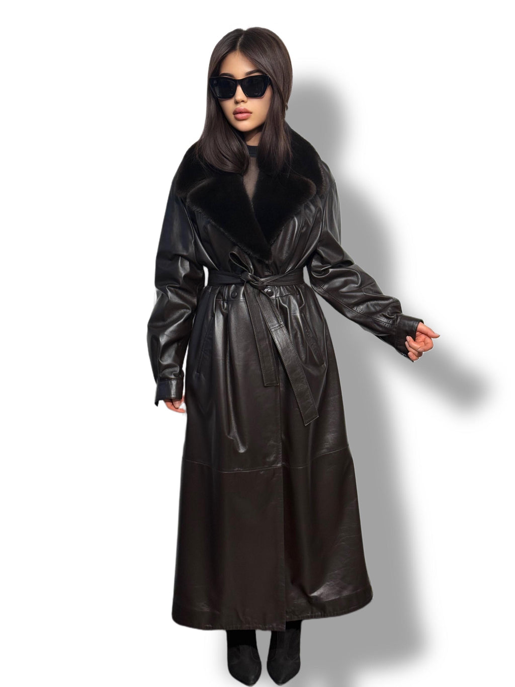 Handmade Brown Leather Trench Coat: Mink Fur Collar, Belted Long Overcoat