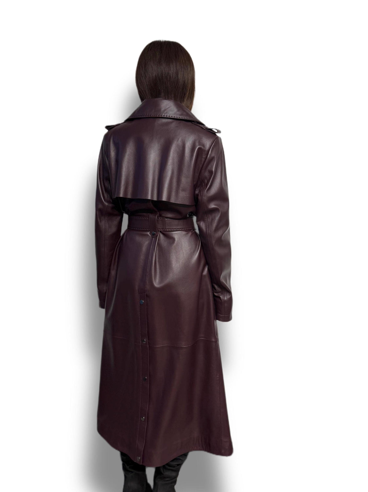 Burgundy Leather Trench Coat: Handmade Plus Size Women's Outerwear