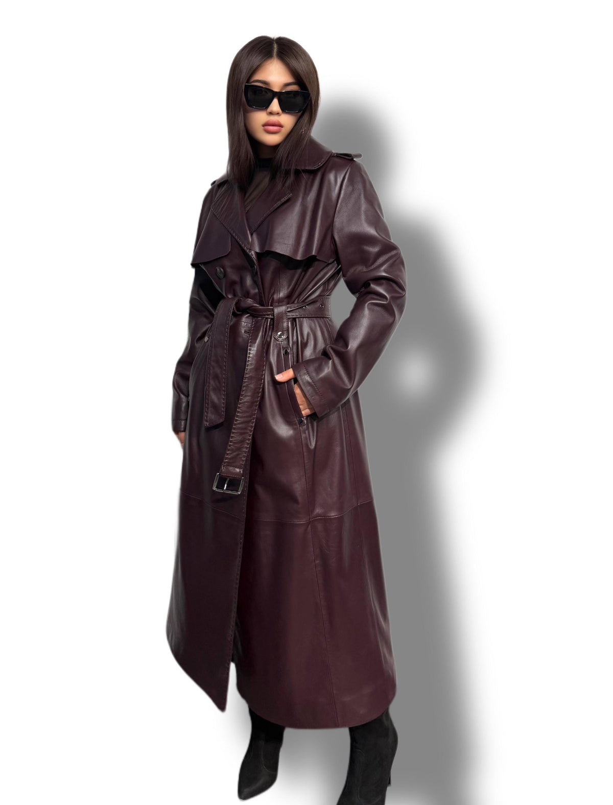 Burgundy Leather Trench Coat: Handmade Plus Size Women's Outerwear