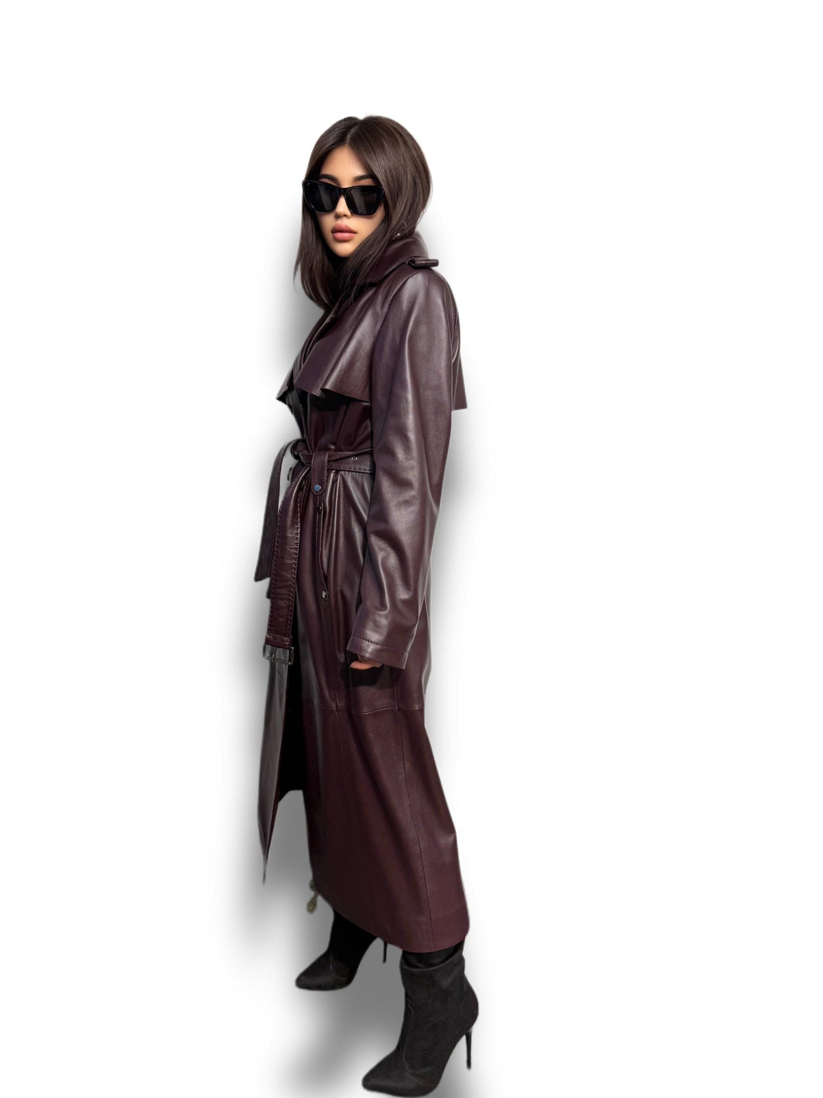 Burgundy Leather Trench Coat: Handmade Plus Size Women's Outerwear