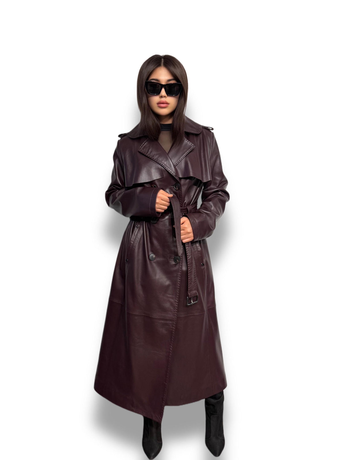 Burgundy Leather Trench Coat: Handmade Plus Size Women's Outerwear
