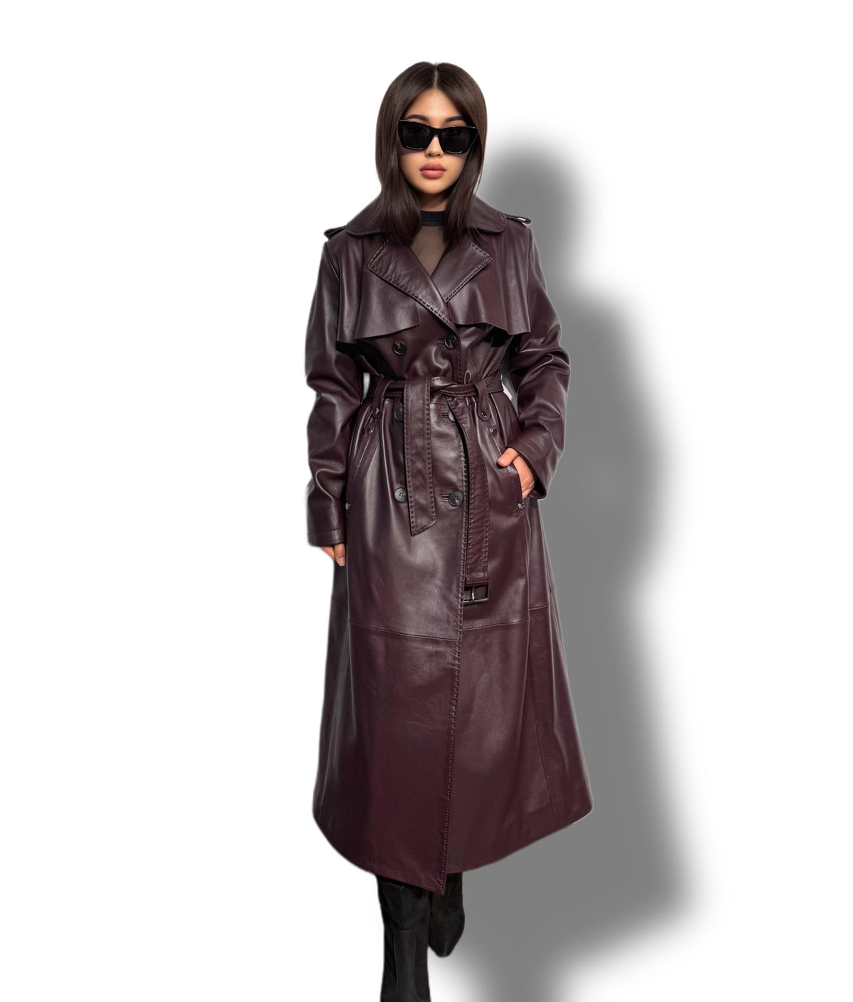 Burgundy Leather Trench Coat: Handmade Plus Size Women's Outerwear
