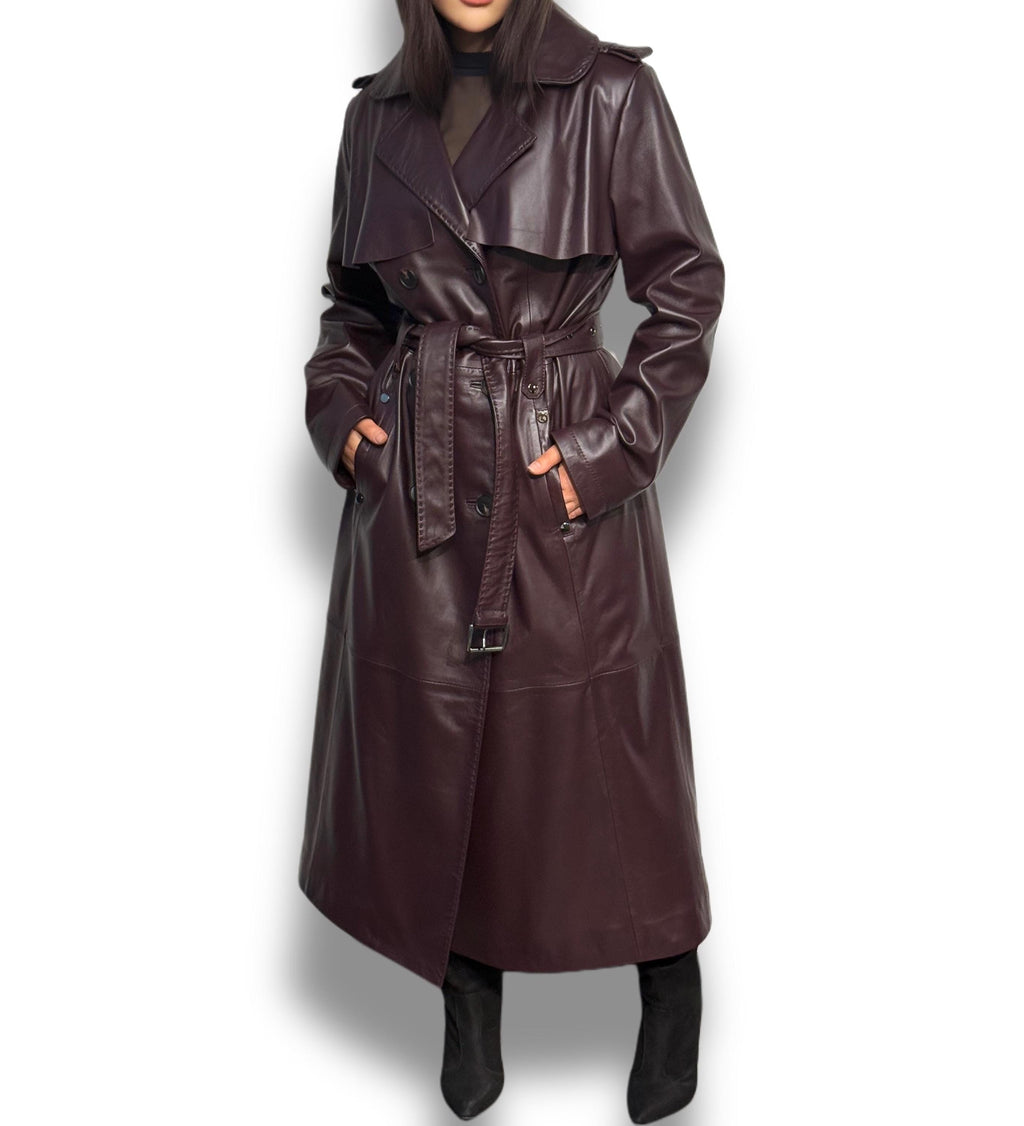 Burgundy Leather Trench Coat: Handmade Plus Size Women's Outerwear
