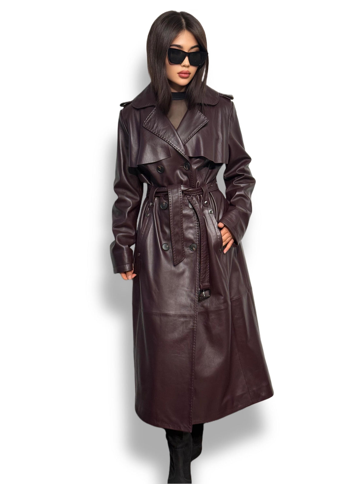Burgundy Leather Trench Coat: Handmade Plus Size Women's Outerwear