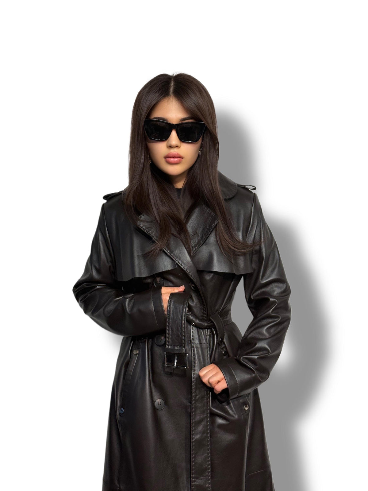 Black Leather Trench Coat | Luxury Long Sheepskin Leather Coat With Belt | Handmade Women Elegant Plus Size Leather Outerwear | Gift For Her