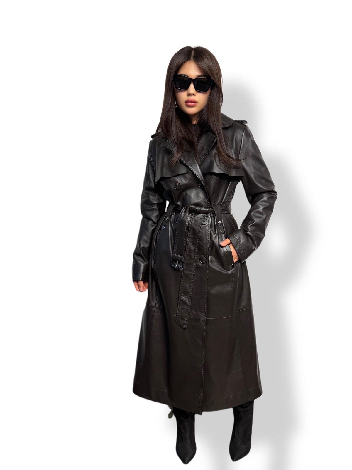 Black Leather Trench Coat | Luxury Long Sheepskin Leather Coat With Belt | Handmade Women Elegant Plus Size Leather Outerwear | Gift For Her