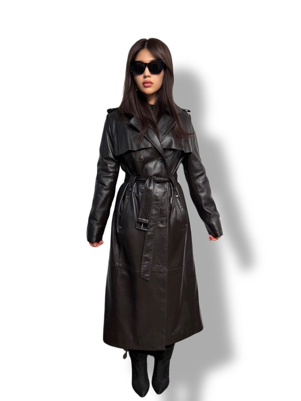 Black Leather Trench Coat | Luxury Long Sheepskin Leather Coat With Belt | Handmade Women Elegant Plus Size Leather Outerwear | Gift For Her