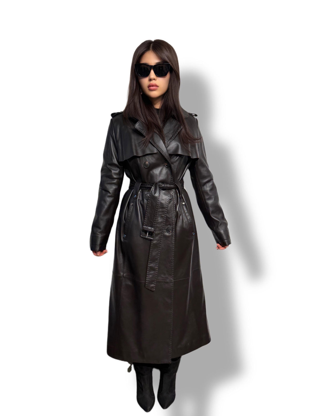Black Leather Trench Coat | Luxury Long Sheepskin Leather Coat With Belt | Handmade Women Elegant Plus Size Leather Outerwear | Gift For Her