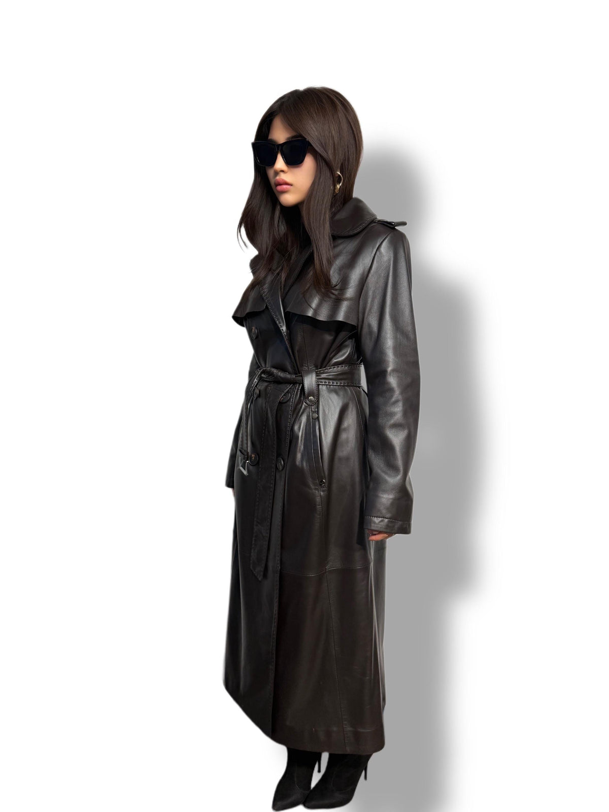 Black Leather Trench Coat | Luxury Long Sheepskin Leather Coat With Belt | Handmade Women Elegant Plus Size Leather Outerwear | Gift For Her