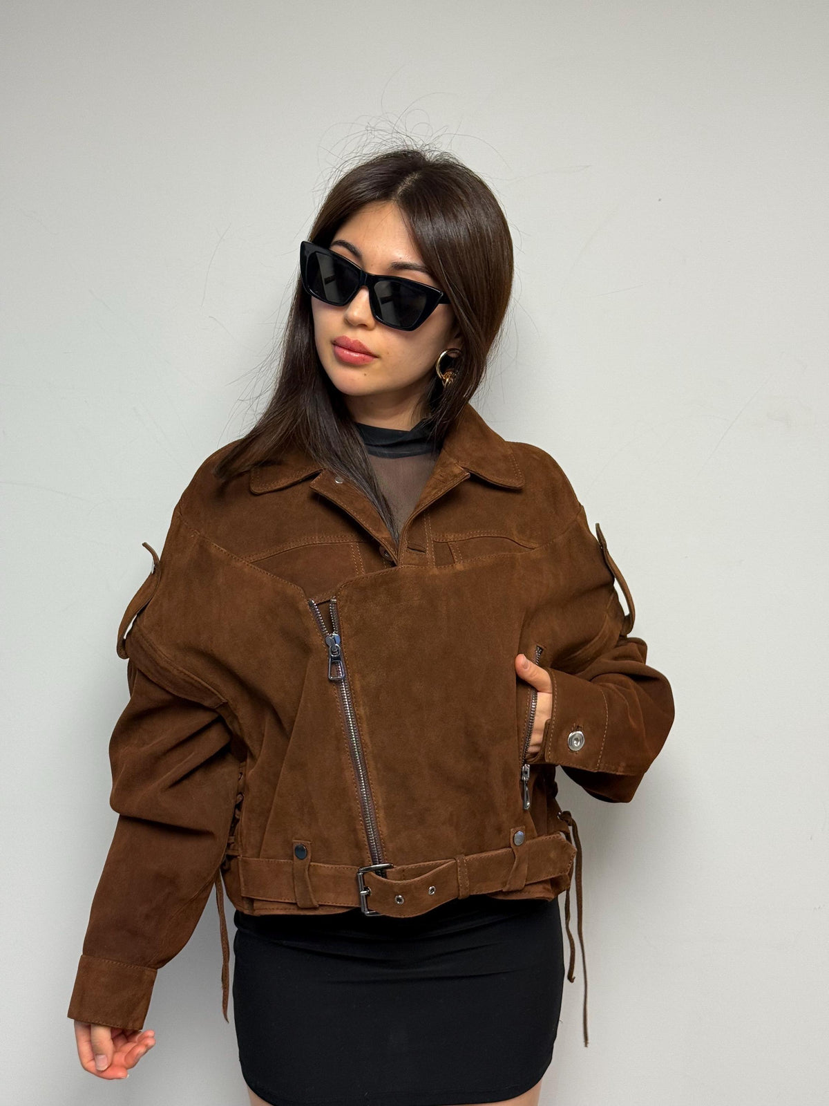 Handmade Brown Suede Biker Jacket: Oversized Detachable Sleeve Coat
