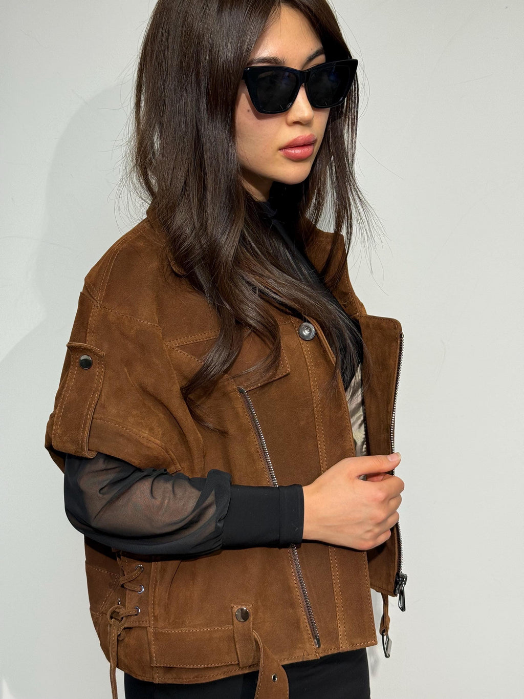 Handmade Brown Suede Biker Jacket: Oversized Detachable Sleeve Coat