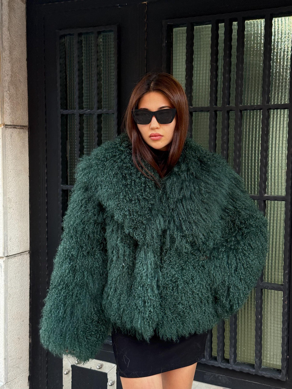 Emerald Green Women Luxury Mongolian Sheepskin Tibetan Fur Coat | Handmade Winter Fluffy Lamb Fur Outerwear | Full Skin Shaggy Fur Coat