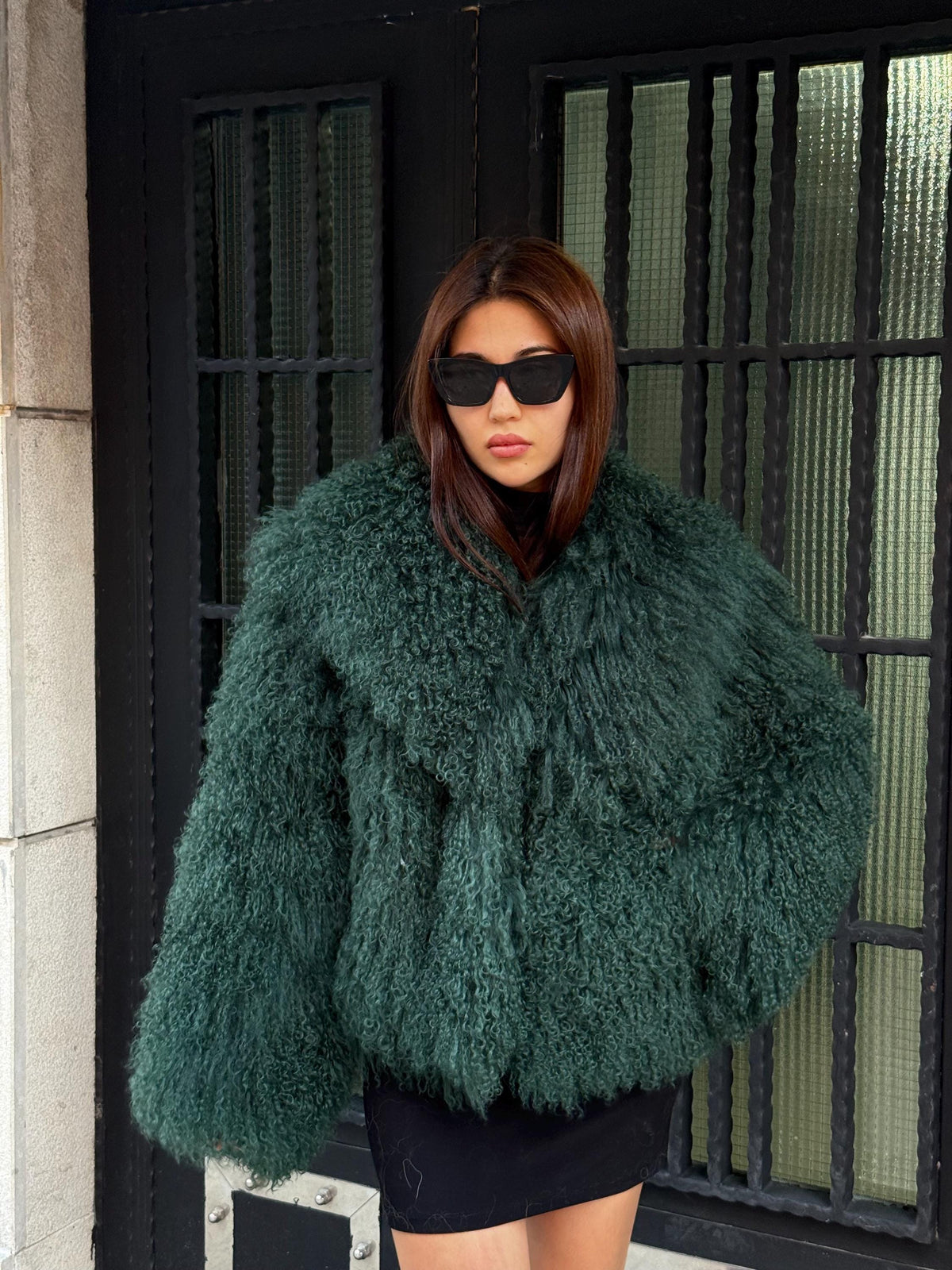 Emerald Green Women Luxury Mongolian Sheepskin Tibetan Fur Coat | Handmade Winter Fluffy Lamb Fur Outerwear | Full Skin Shaggy Fur Coat