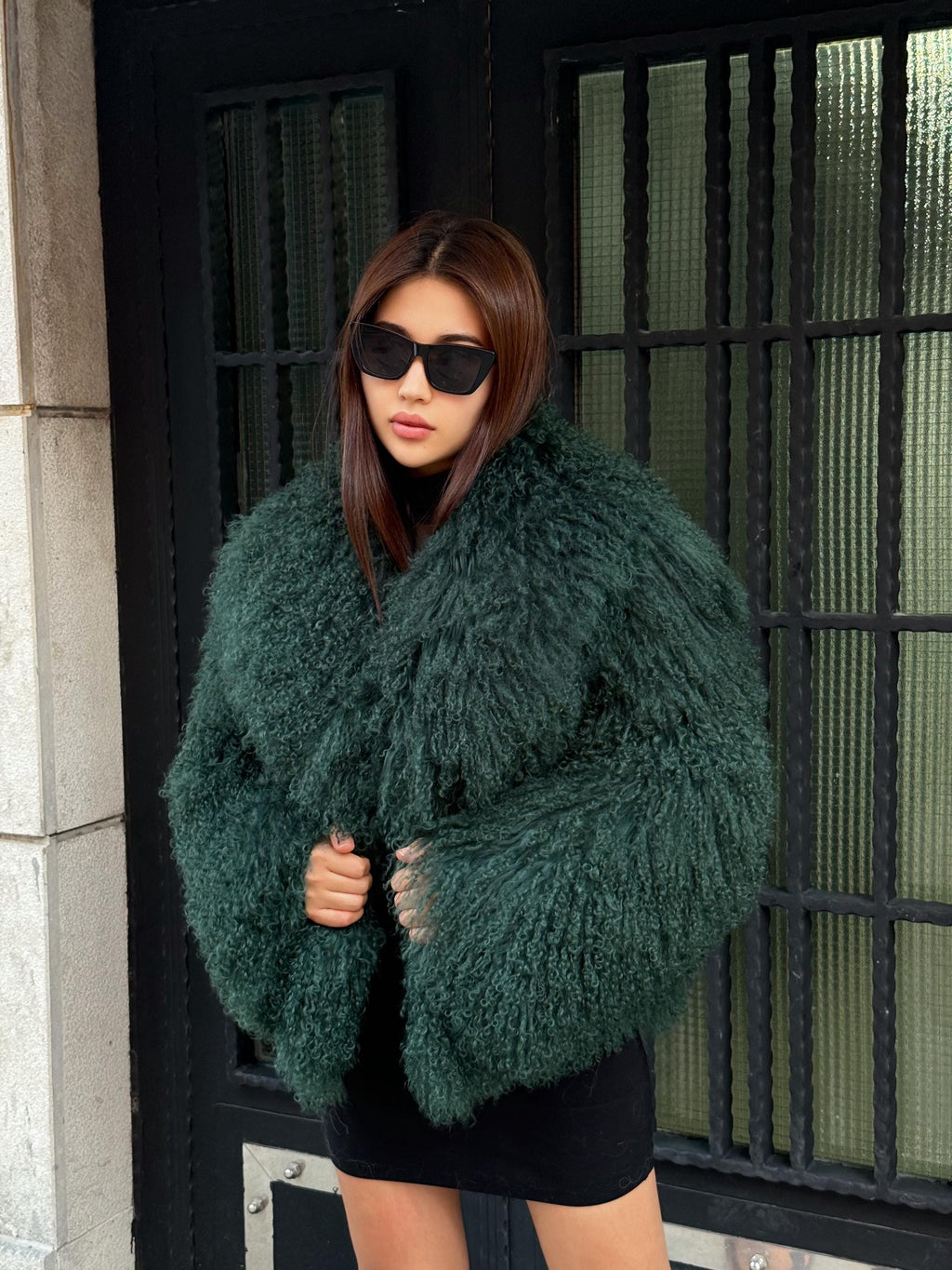 Emerald Green Women Luxury Mongolian Sheepskin Tibetan Fur Coat | Handmade Winter Fluffy Lamb Fur Outerwear | Full Skin Shaggy Fur Coat