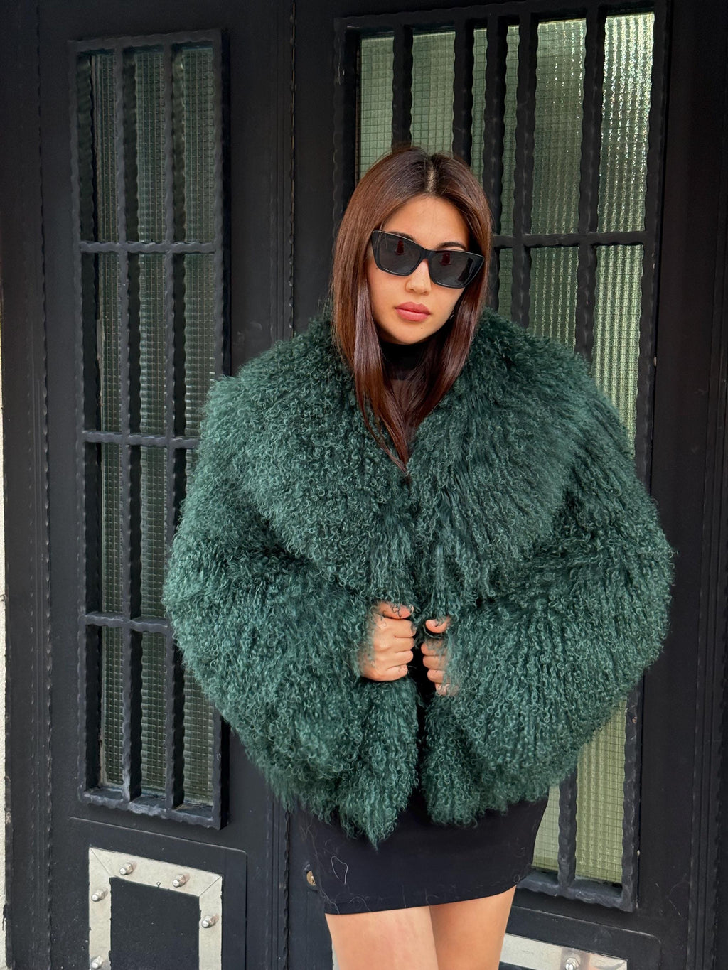 Emerald Green Women Luxury Mongolian Sheepskin Tibetan Fur Coat | Handmade Winter Fluffy Lamb Fur Outerwear | Full Skin Shaggy Fur Coat