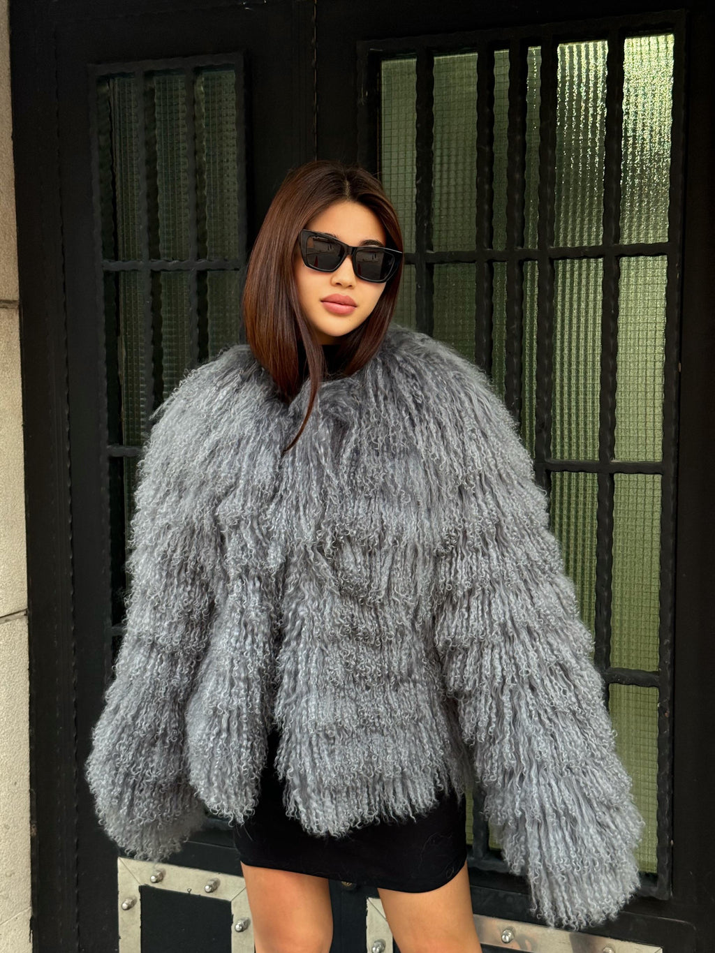 Gray Women Luxury Mongolian Sheepskin Tibetan Fur Coat | Handmade Winter Fluffy Lamb Fur Outerwear | Full Skin Shaggy Tibetan Fur Coat