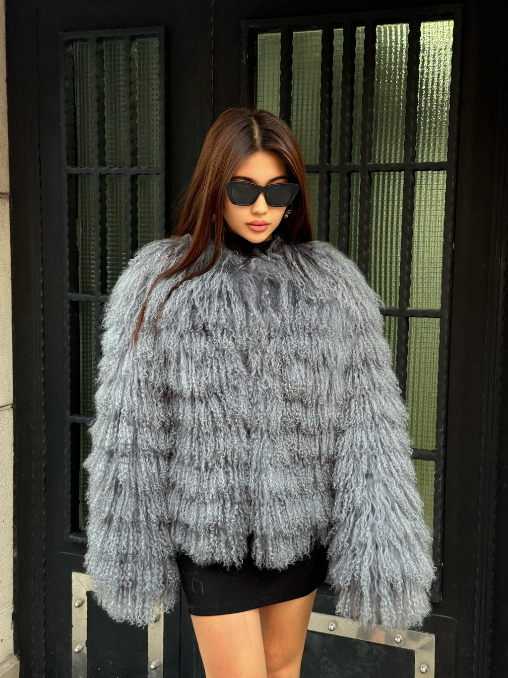 Gray Women Luxury Mongolian Sheepskin Tibetan Fur Coat | Handmade Winter Fluffy Lamb Fur Outerwear | Full Skin Shaggy Tibetan Fur Coat