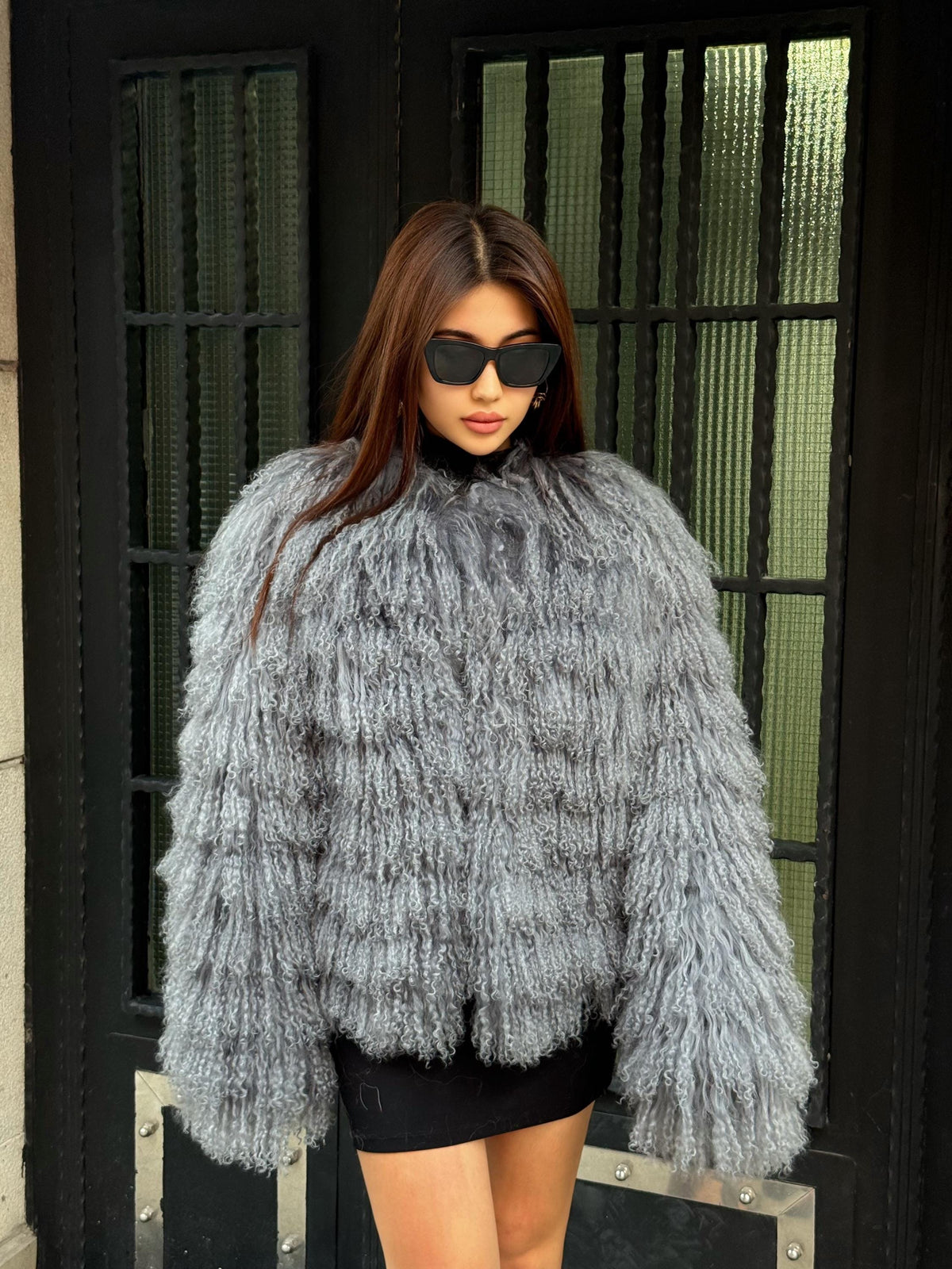 Gray Women Luxury Mongolian Sheepskin Tibetan Fur Coat | Handmade Winter Fluffy Lamb Fur Outerwear | Full Skin Shaggy Tibetan Fur Coat