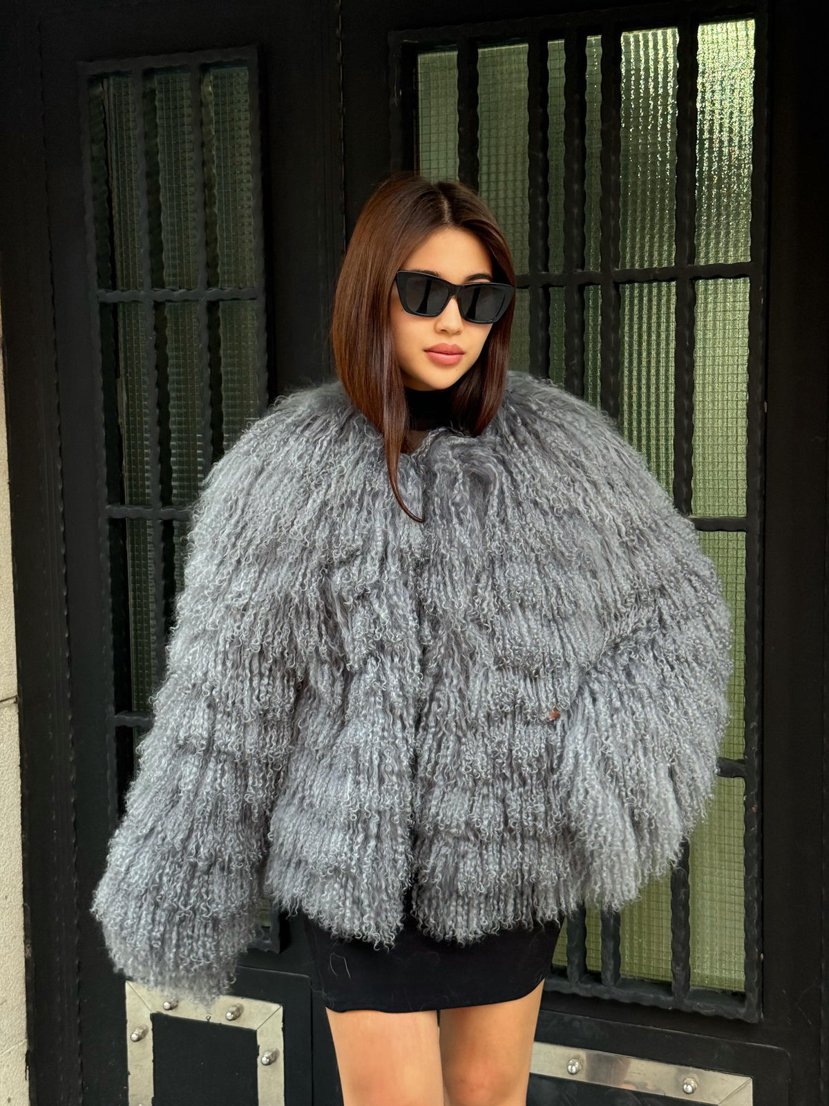 Gray Women Luxury Mongolian Sheepskin Tibetan Fur Coat | Handmade Winter Fluffy Lamb Fur Outerwear | Full Skin Shaggy Tibetan Fur Coat