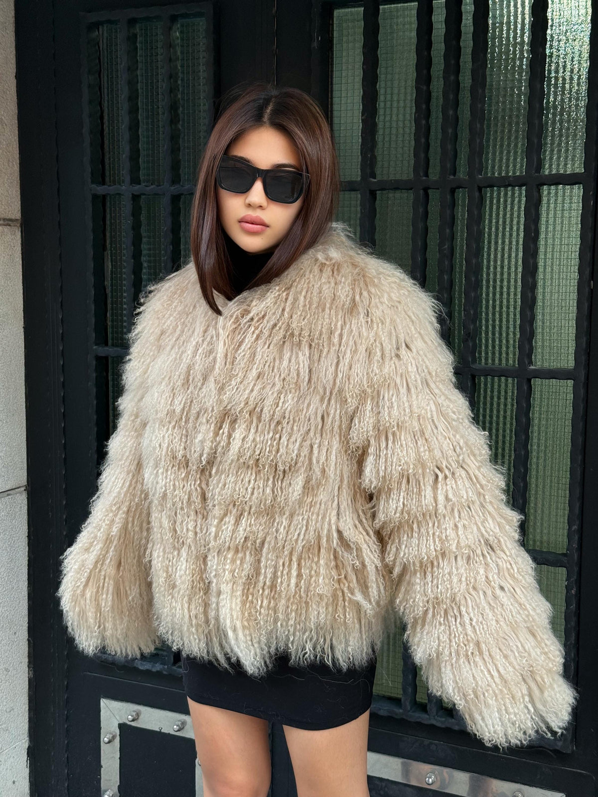 Camel Women Luxury Mongolian Sheepskin Tibetan Fur Coat | Handmade Winter Fluffy Lamb Fur Outerwear | Full Skin Shaggy Tibetan Fur Coat