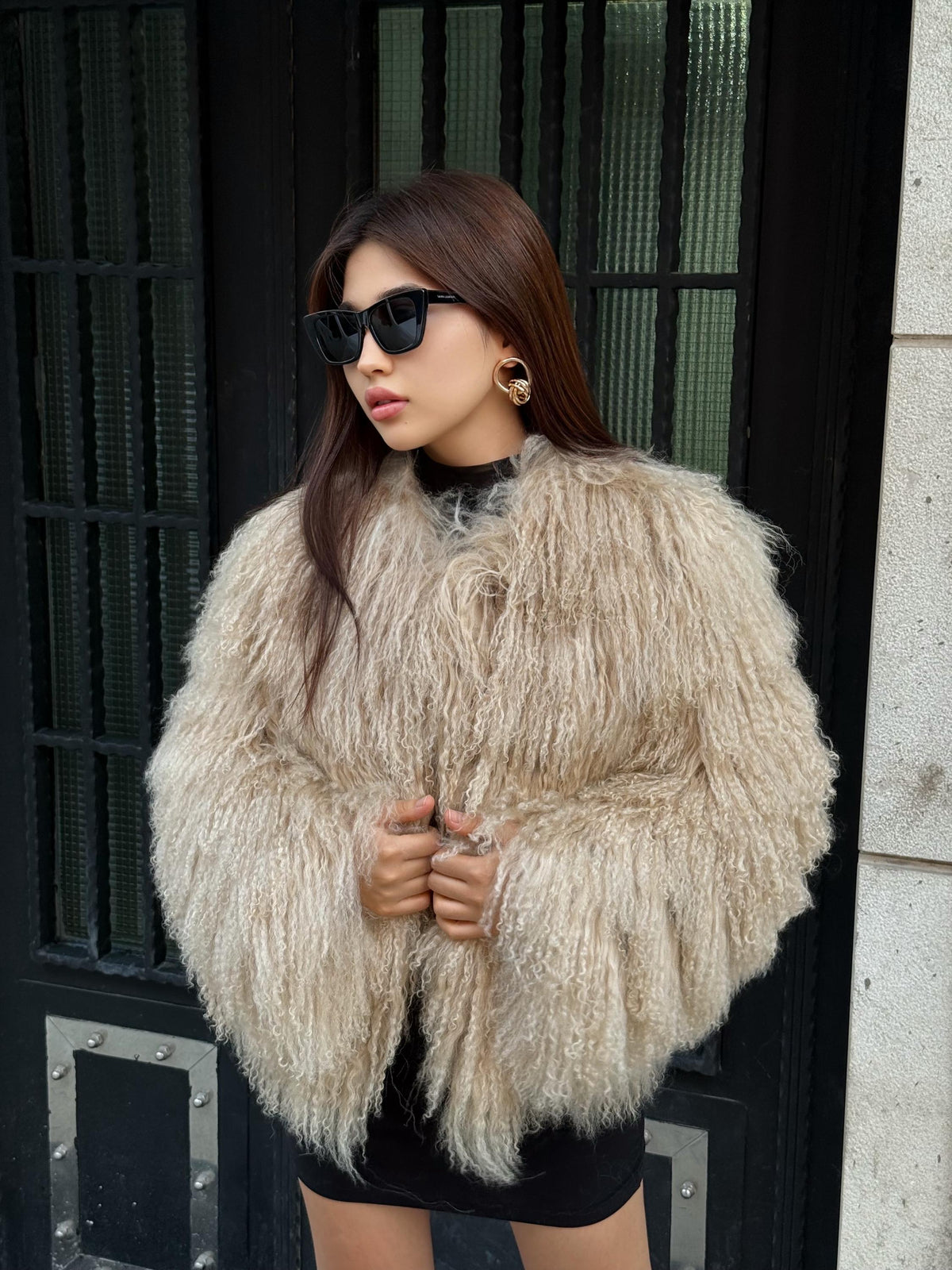 Camel Women Luxury Mongolian Sheepskin Tibetan Fur Coat | Handmade Winter Fluffy Lamb Fur Outerwear | Full Skin Shaggy Tibetan Fur Coat